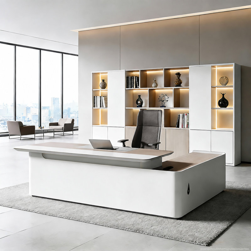 Bureau de direction ergonomique luxueux en L avec rangement intégré, matériaux de haute qualité, éclairage DEL fixe
