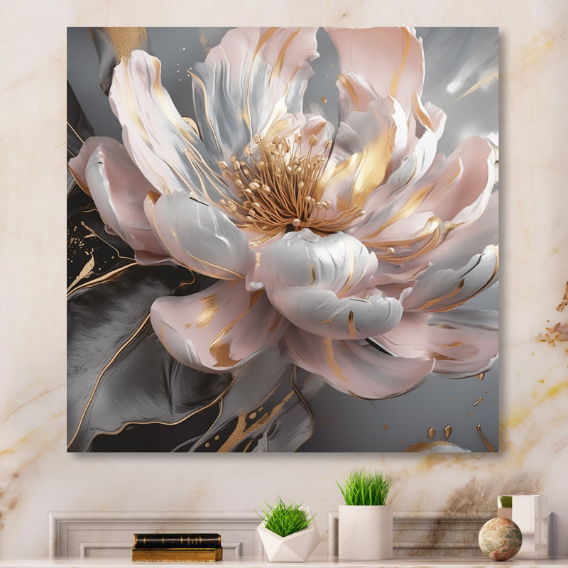 Marbre rose doré pivoine fleur III - impression sans cadre sur métal, H 16 po x l 16 po x P 1 po