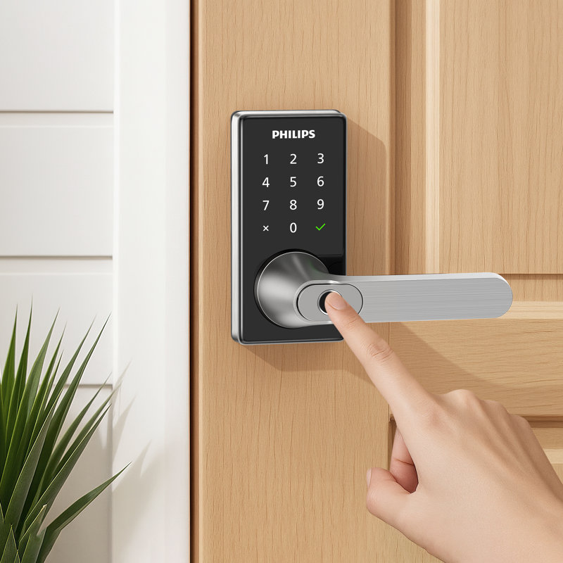 Combinaison de serrure à pêne dormant intelligent Philips Wi-Fi avec levier d'empreintes digitales, Nickel satiné