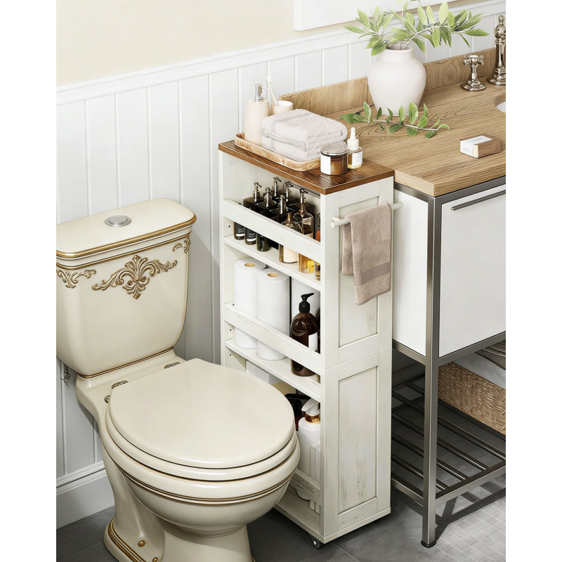 4-Tier Slide-Out Storage Cart, Slim Bathroom Cart For Small Spaces, 17" H x 7.9" W x 7.9" D, Walnut/White
