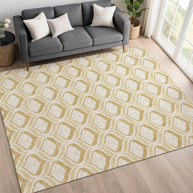 Tapis Ikat Mayfield AMF2379 lavable à la machine de qualité supérieure, Doré, 8 pi x 10 pi