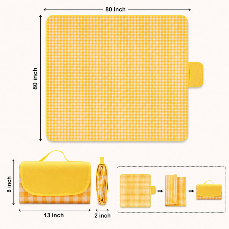 Couverture de pique-nique imperméable jaune pliable 80 po x 80 po, Yollow