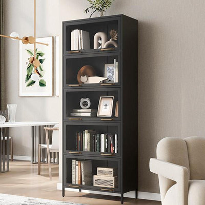 Vitrine de 76,75 po en fer avec portes en verre, bibliothèque en acier à 5 niveaux avec lumières DEL pour les objets de collection, armoire vitrée de style moderne pour la maison, le salon, le bureau, la salle de jeux et d'étude - noir