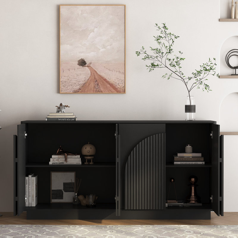 Buffet noir moderne avec rangement, grand buffet cannelé avec tablettes réglables, crédence, console d'appoint