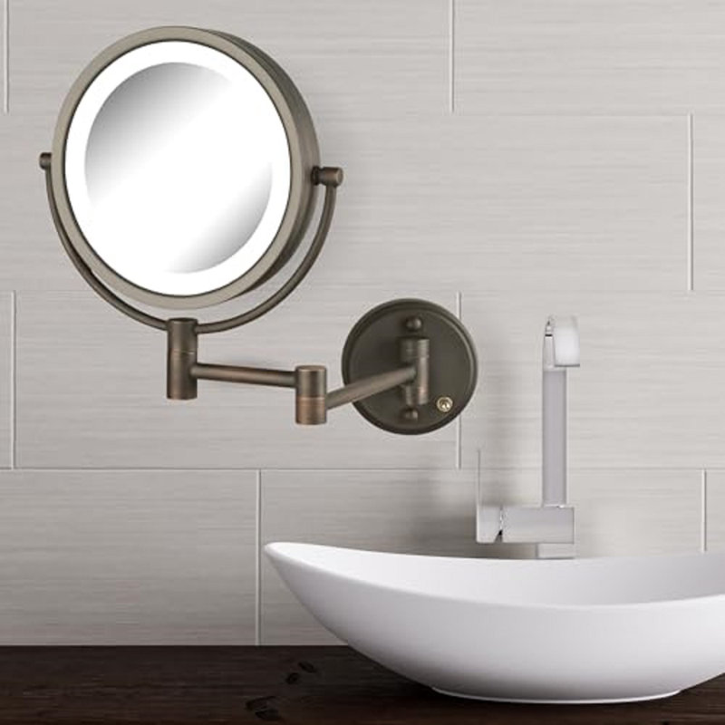 Ayen 8.5" Lighted Wall Mount Magnified Makeup Mirror, Plug In, Bronze