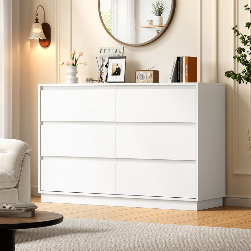 47" Wide 6 Drawer Dresser with Charge Station,2 AC outlets, 1 USB port, and 1 Type-C port , White