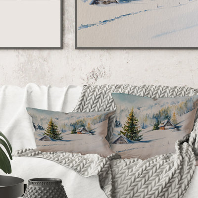 Rectangle,Little House In The Winter Mountains - Traditional Printed Throw Pillow