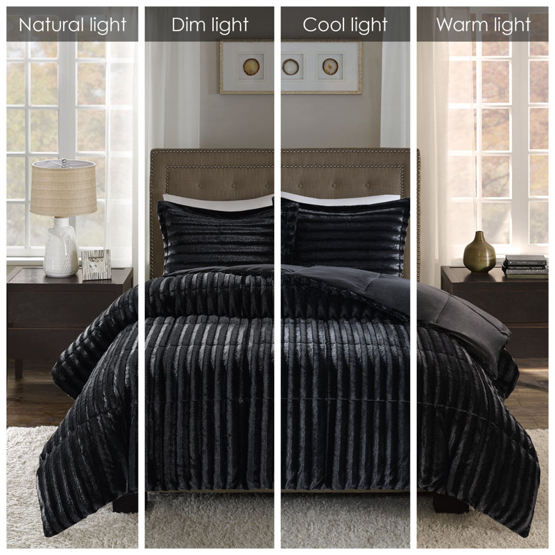 King Black Ribbed Faux Fur Comforter Set