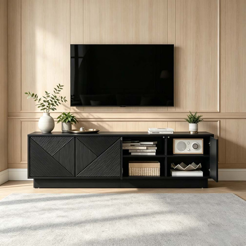 Meuble télé 4 portes Wave Design avec tablettes réglables et décorations DEL, Noir