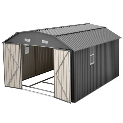 Gray 10x12 Ft Outdoor Tool Shed, Rust- Metal Construction, All-weather Protection, Large Door Opening, Visibility Heavy Duty Storage Metal, Waterproof Materials, Spacious Interior