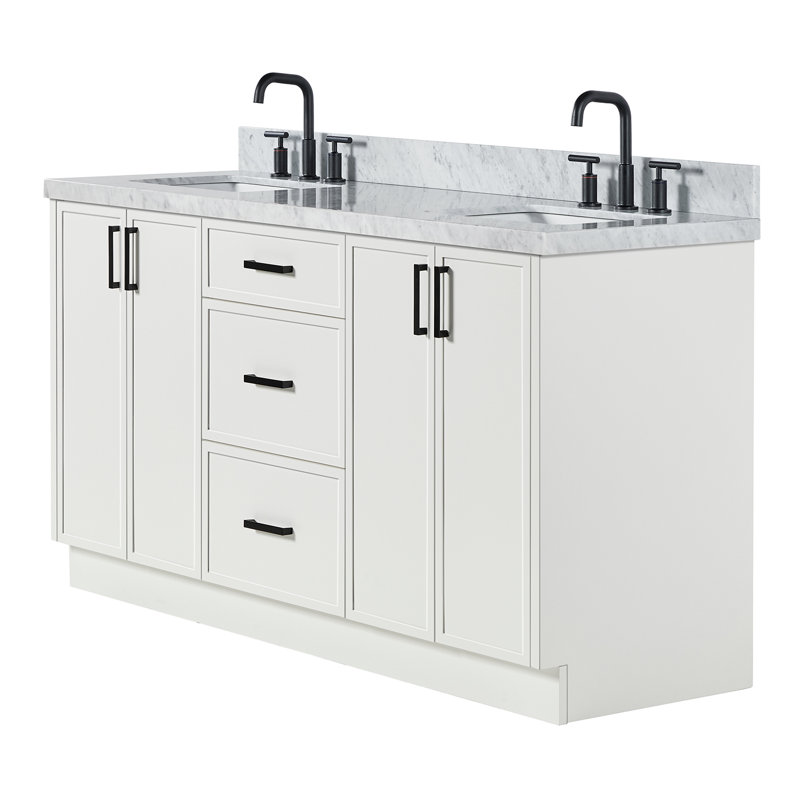 Ariel Kelly 67 Inch Double Rectangular Sink Bathroom Vanity With Italian Carrara Marble Countertop, Oak