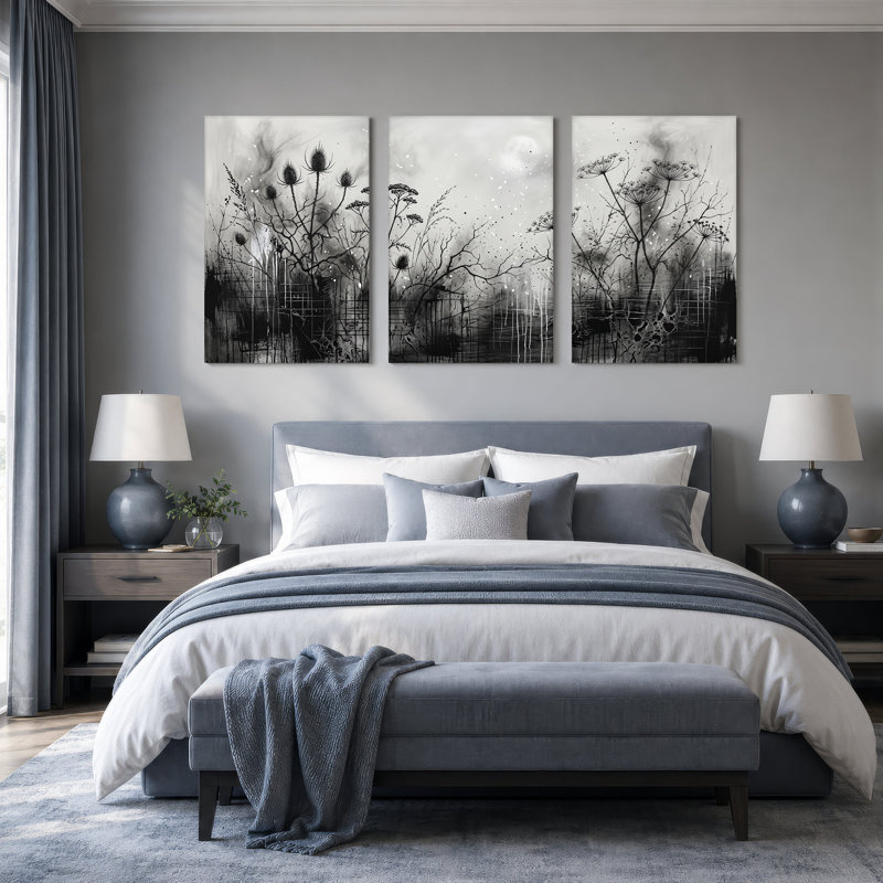 «Black and White Thistle and Queen Anne's Lace», ensemble de 3 toiles murales, 18"H x 12"W x 3pcs