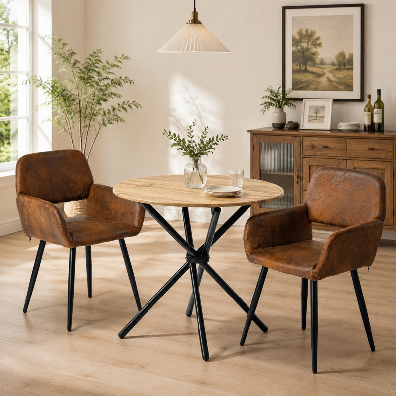 Ensemble de salle à manger 3 pièces en bois naturel avec 2 fauteuils rembourrés bruns pour petits espaces
