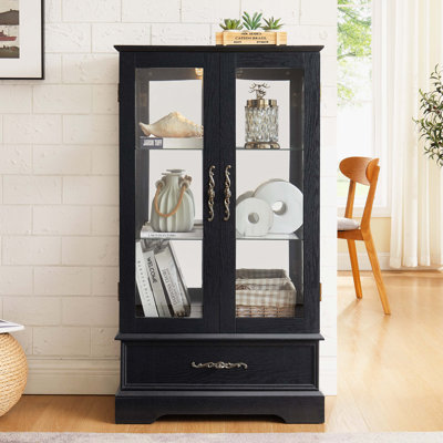 Vitrine à deux portes avec tiroir, lumière intégrée et tablettes réglables
