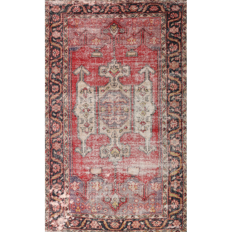 Tapis oriental en laine rouge / noir, Rectangle 5 pi x 7 pi
