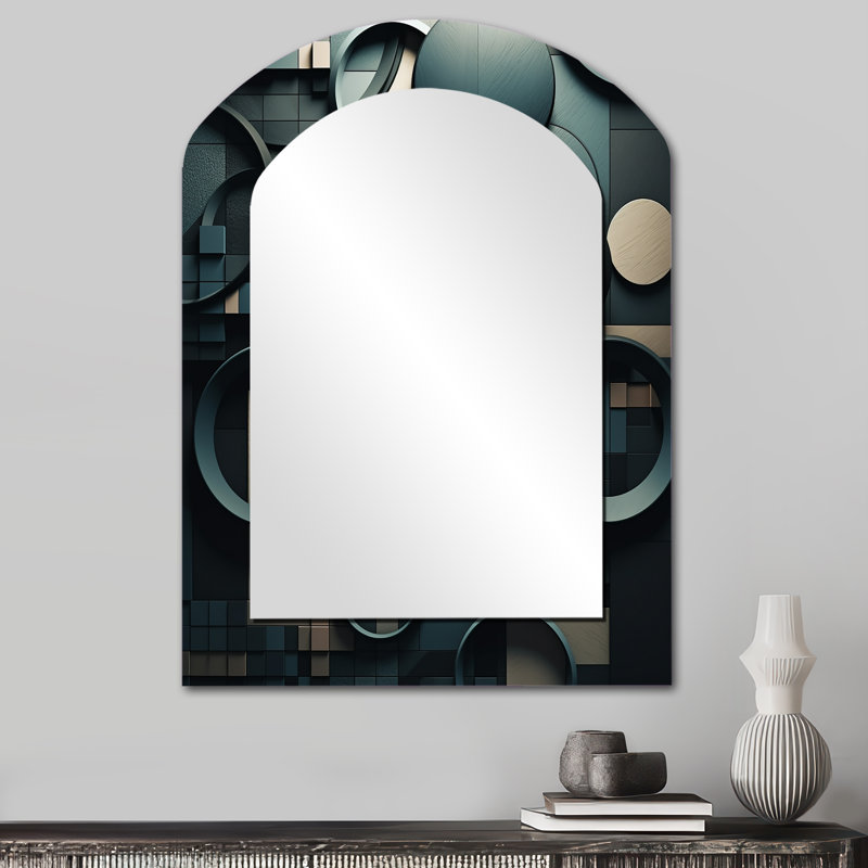 Teal Fragmented Forms - miroir décoratif Cubism Arch, miroir mural asymétrique bleu sarcelle, impression d'art en métal