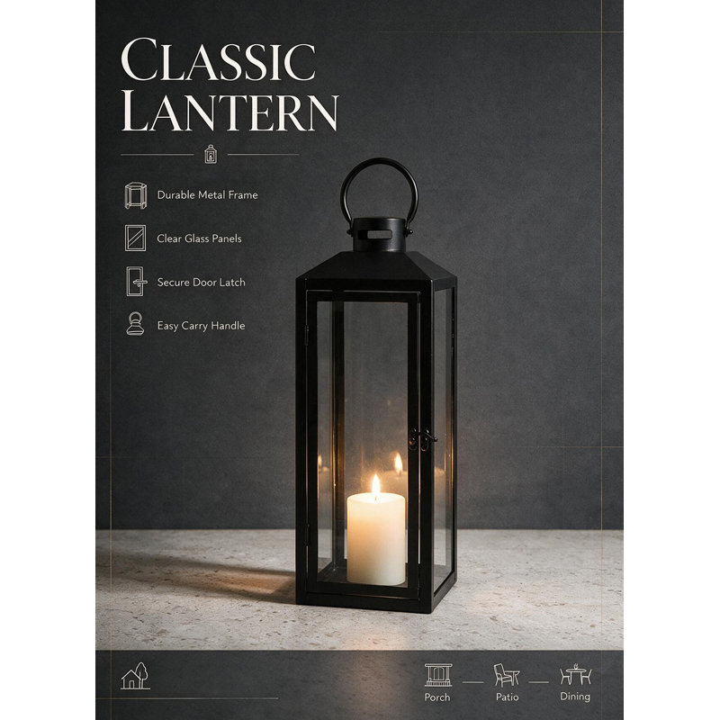 Lanterne en métal Sermont Spaces Living Fairmont, lanterne à bougie noire avec panneaux de verre, porte-bougie pilier pour décor intérieur et extérieur couvert, porche, mariage et foyer, carré 10 po x 29,75 po de hauteur