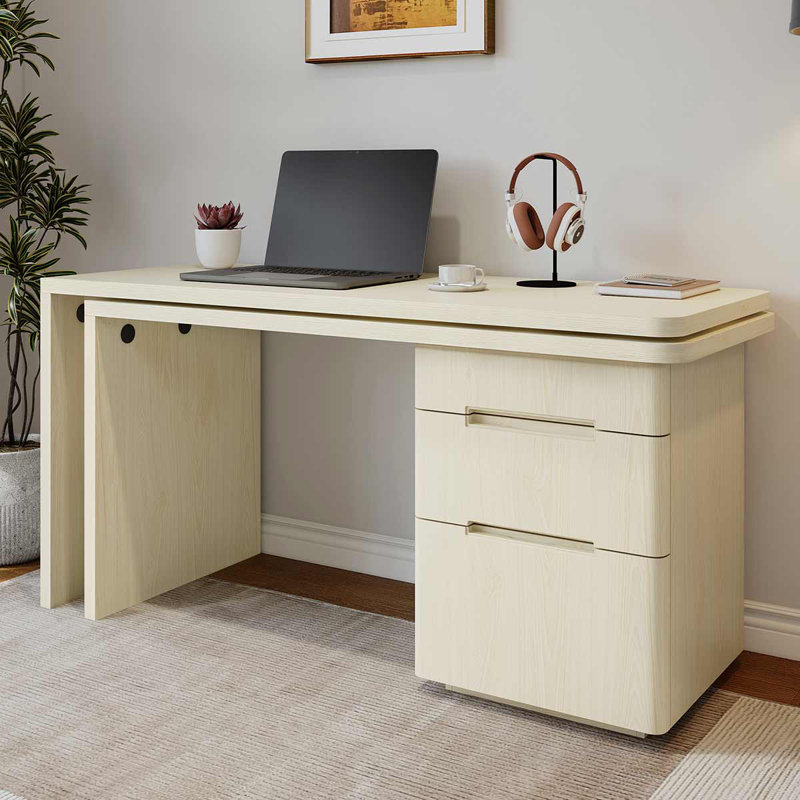 Bureau de direction rotatif à 360 ° en bois avec bureau à 90 po et 3 tiroirs pour le salon, Natural Wood