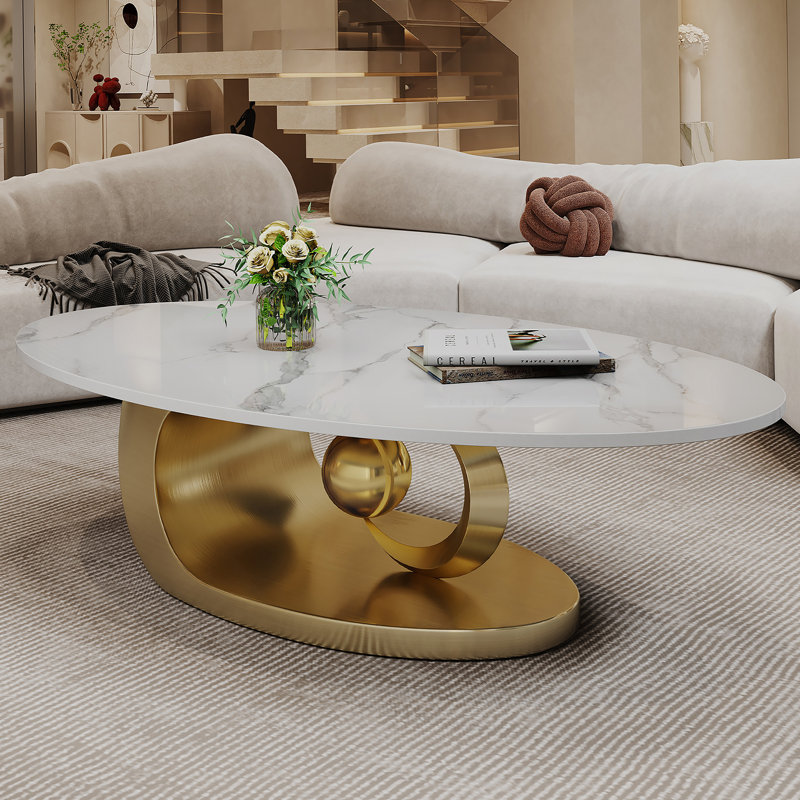 Table basse en marbre avec base sculpturale en acier inoxydable, Doré