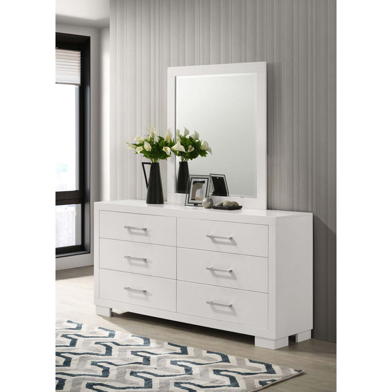 Commode moderne à 6 tiroirs avec miroir biseauté et rangement doublé de feutre