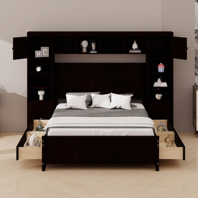 Wooden Bed With All-In-One Cabinet And Shelf