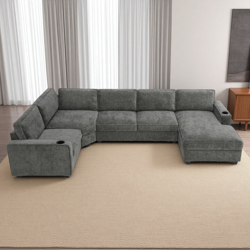 Canapé modulaire en forme de U de 119 po de 119 po, ensemble de canapé d'angle en chenille 6 places avec porte-gobelets, méridienne surdimensionnée, coin irrégulier, siège profond et large, canapé confortable pour salon et appartement