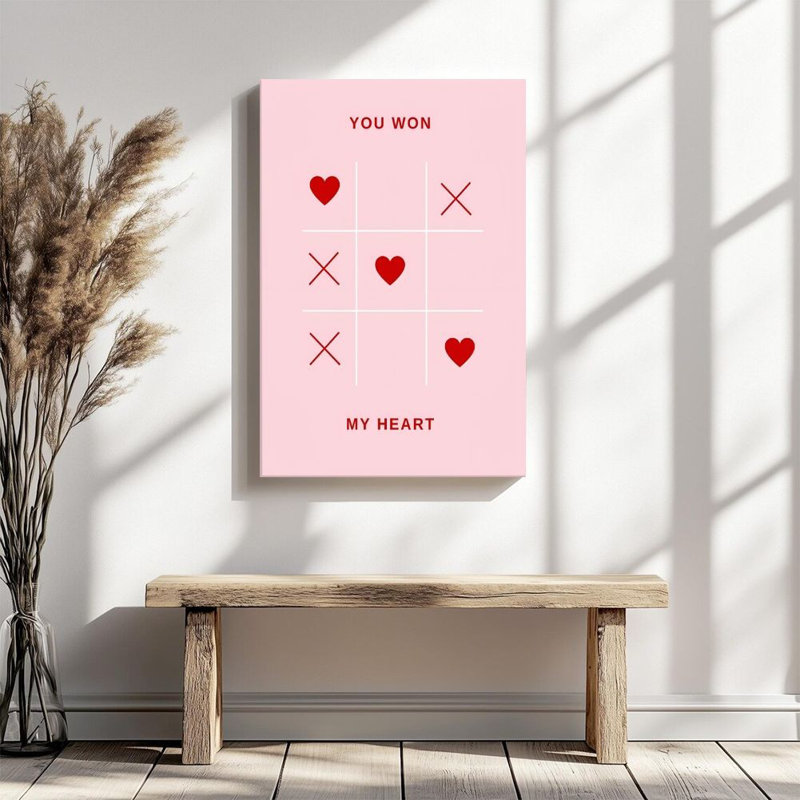 Art mural sur toile encadré en 2 dimensions en 2 dimensions, thème de l'amour, cœur et jeu de tic-tac-toe, impression sur toile de style minimaliste, décoration idéale pour la Saint-Valentin, prêt à accrocher