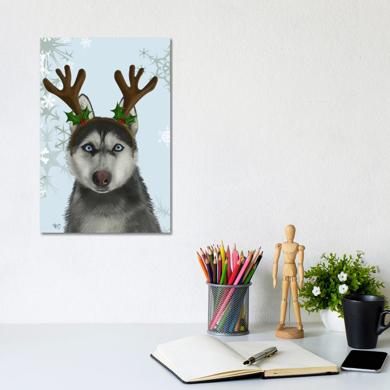 Husky And Antlers by Fab Funky - Wrapped Canvas Print, 20.32 cm H x 30.48 cm W