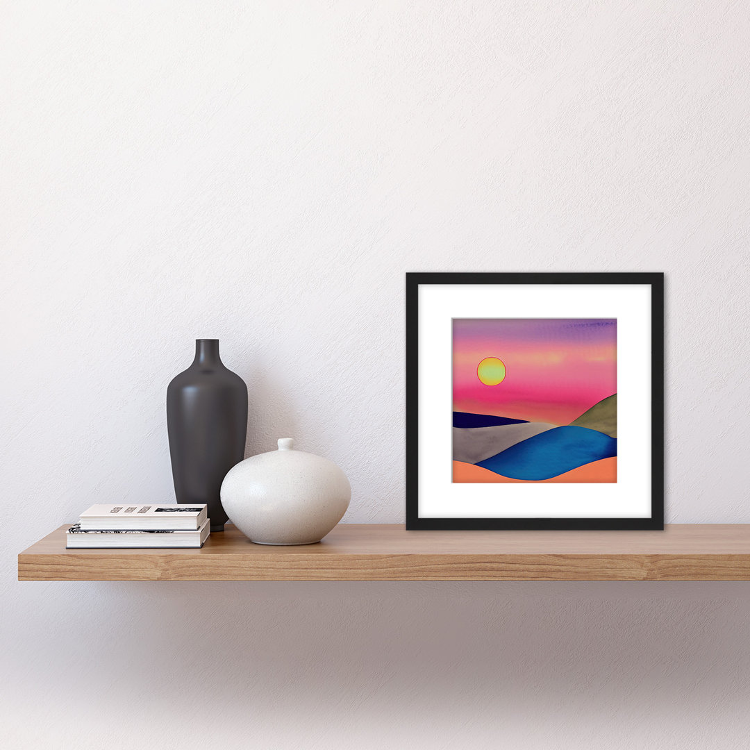 Sunset Landscape River Hills Watercolour - Single Picture Frame Painting