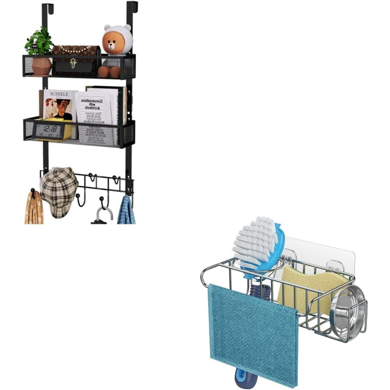 Rangement à suspendre au-dessus de la porte avec crochets et paniers de rangement + porte-éponge adhésif 4-en-1 pour l'organisation de la cuisine et de la salle de bain