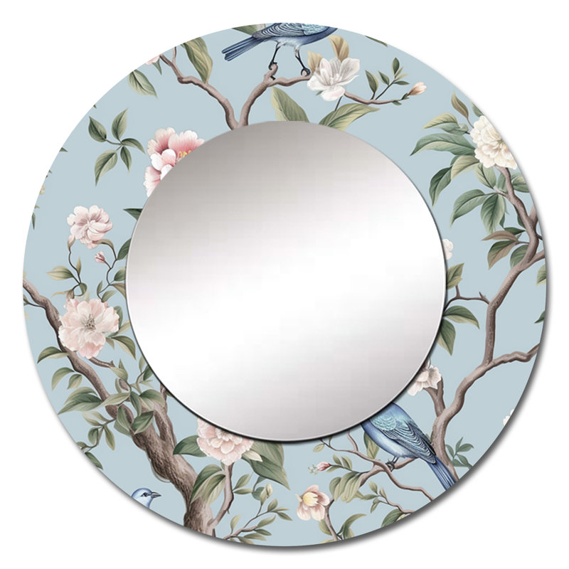 Minimalisme oiseau sur fleurs I - grand miroir mural oiseau, miroir décoratif rond moderne, impression d'art en métal