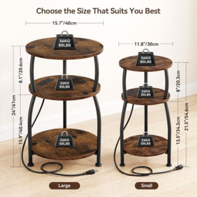Table d'appoint ronde avec prise de courant, port USB Type C, table de bout à 3 niveaux | Table de chevet 15,7 po pour petits espaces, table d'appoint haute avec station de charge pour canapé, salon, jardin, brun