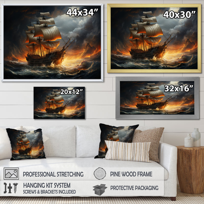 «Stormy Seas», art mural pirate, Cadre doré simple, H 16 po x l 32 po x P 1 po