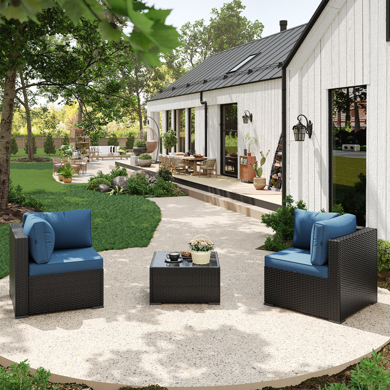 3 -Person Rattan Patio Safo With Cushions, Blue, Black