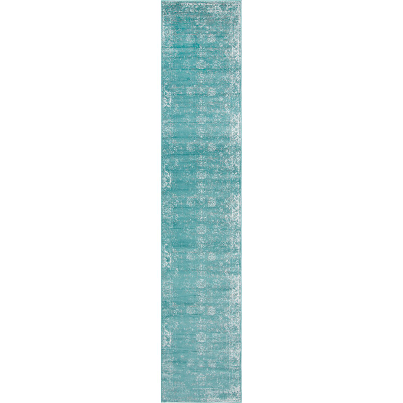 Tapis floral turquoise Brandt, Tapis de couloir 2 pi x 13 pi 1 po