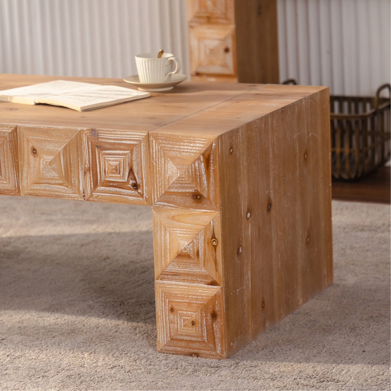 Table basse de 47,51 po en bois massif et rectangulaire avec relief géométrique 3D rustique, pour des espaces de vie décontractés, des pieds faciles à nettoyer et inspirés du relief, une installation simple