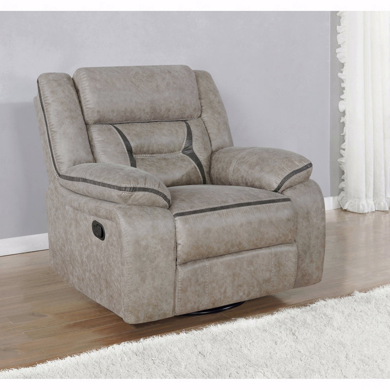 Upholstered Swivel Glider With Recliner Function With Pillow Top Arms, Taupe