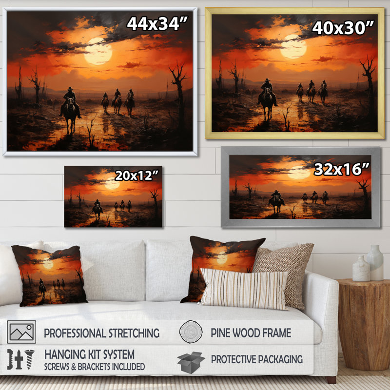 Western Sunset Riders Pointillism Art I - décoration murale occidentale, H 16 po x l 32 po x P 1 po, Encadrement argenté