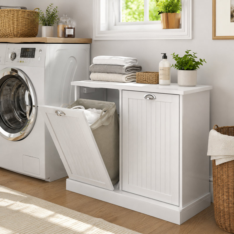 Armoire de tri du linge blanche à 2 compartiments inclinables, panier de rangement en MDF de qualité E1 avec 2 sacs en tissu amovibles pour salle de bain et buanderie