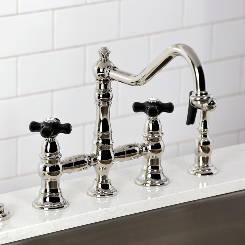 Kingston Brass Duchess Two-Handle 4-Hole Deck Mount Bridge Kitchen Faucet with Brass Side Sprayer, Polished Nickel