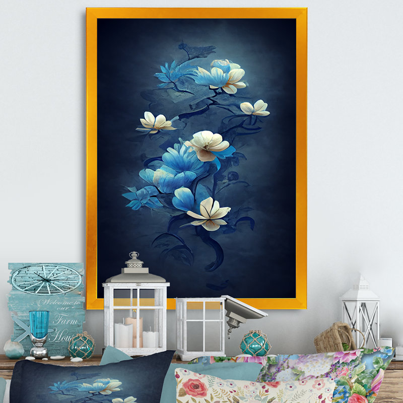 Fleurs rétro bleu clair chinois IV - reproduction sur toile, H 20 po x l 12 po x P 1 po, Encadrement doré