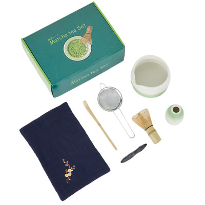 Ensemble 7 pièces de matcha, ensemble de matcha vert dégradé avec bol en céramique, fouet en bambou et porte-fouet, pelle et repose-pelle en bambou, tamis et serviette à thé en acier inoxydable, cadeaux pour les amateurs de thé