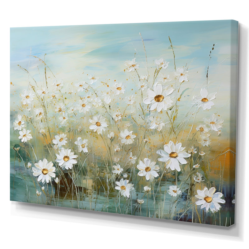 Marguerites au soleil, champ de fleurs I - Art mural champ de fleurs, Toile tendue, H 24 po x l 32 po x P 0,5 po