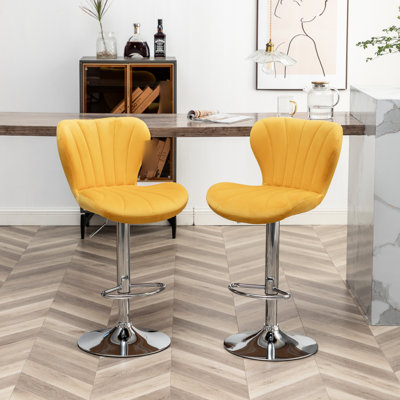 Chaises réglables jaunes rembourrées (2) - Tissu semblable au velours, mousse épaisse, pivotant sur 360 °, réglable en hauteur, repose-pieds, - pivotant sur 2, rembourrage en mousse confortable, lignes verticales élégantes, rotation,
