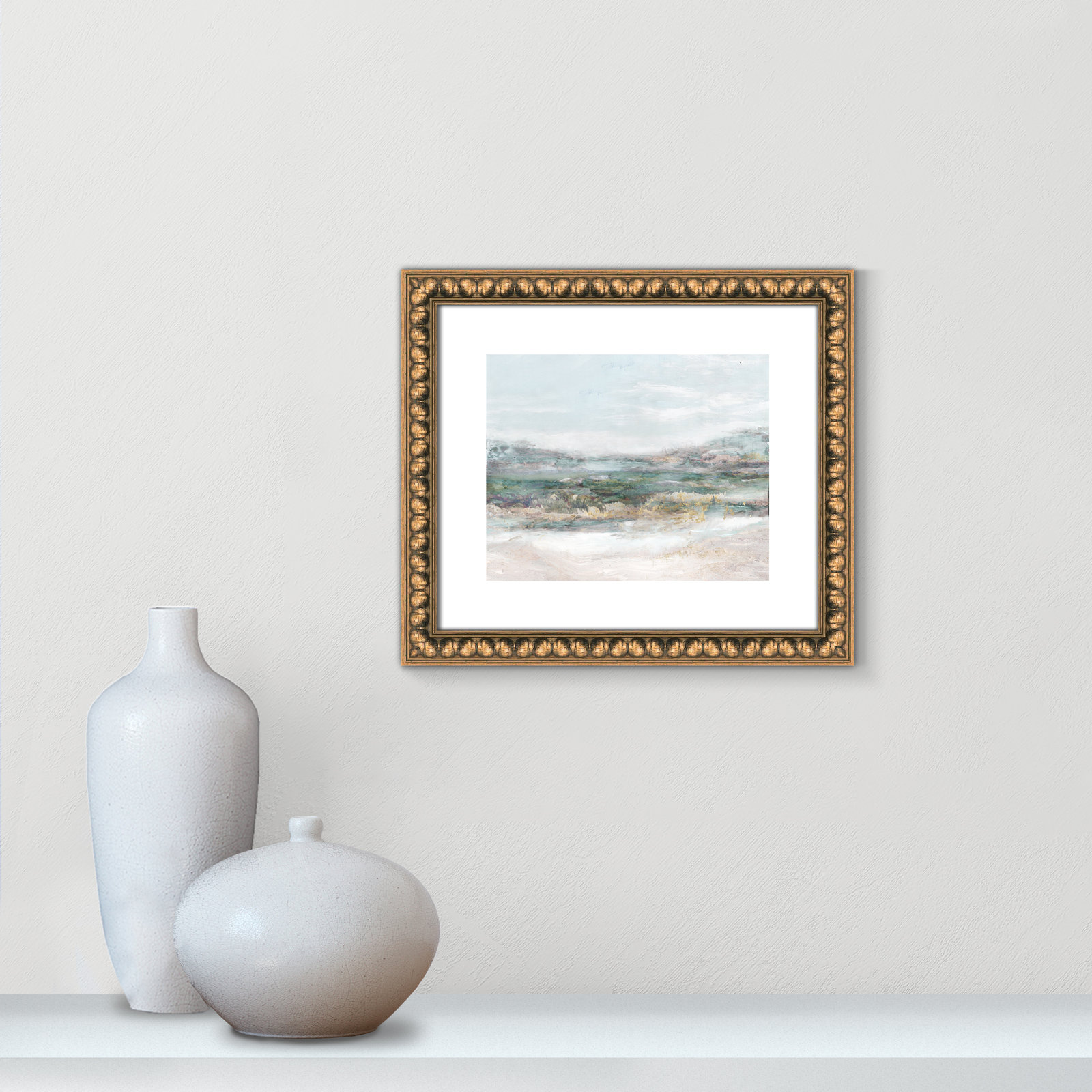 Lori "Dazzling" Painting by Matina Theodosiou, 13" H x 15" W x 1.125" D, Gold Bead Framed Paper, White