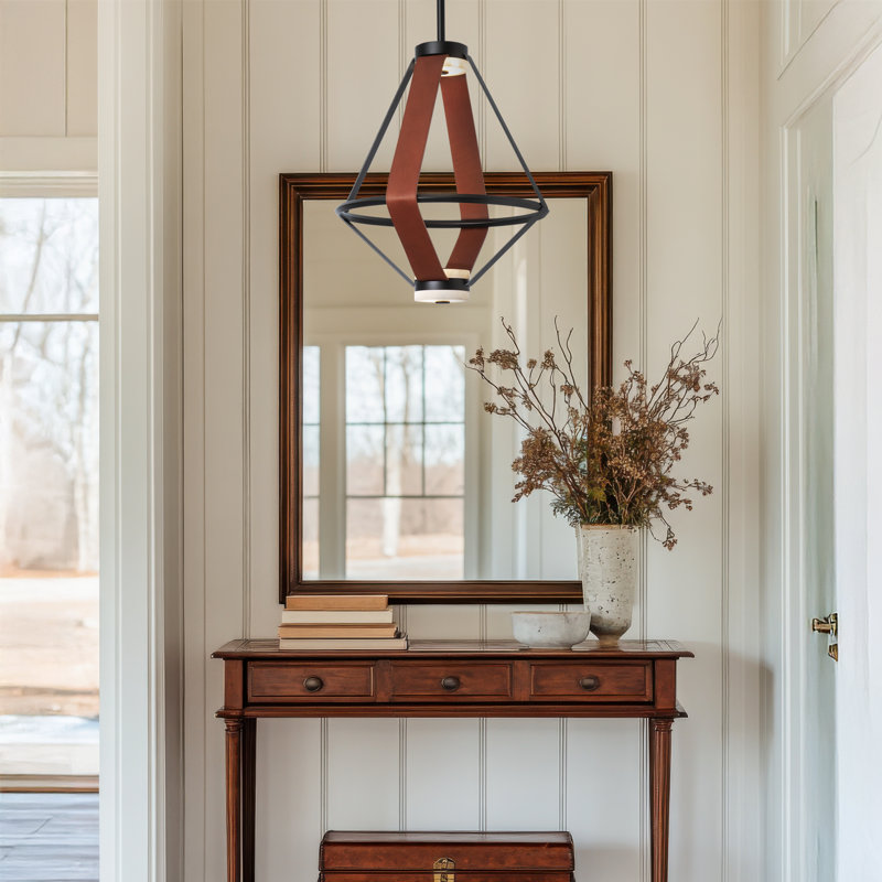 Aspen LED Lantern, Black, Chestnut Leather, 16.5"D x 16.6"W x 20"H