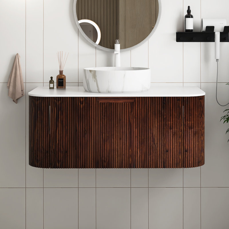 Meuble-lavabo mural avec plateau et tiroir, Noyer, Marbre, 36"