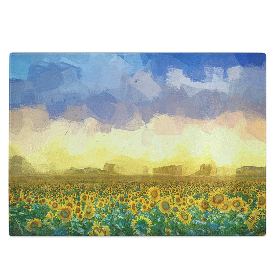 Glass Flock of Birds Above Sunflowers in Abstract Chopping Board