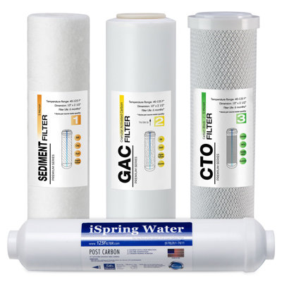 iSpring F4US Standard RO Systems 6-Month Replacement Prefilter Cartridge Pack Set, 4 Filters w/ Sediment, CTO, GAC and Post-Carbon, 10" X 2.5"
