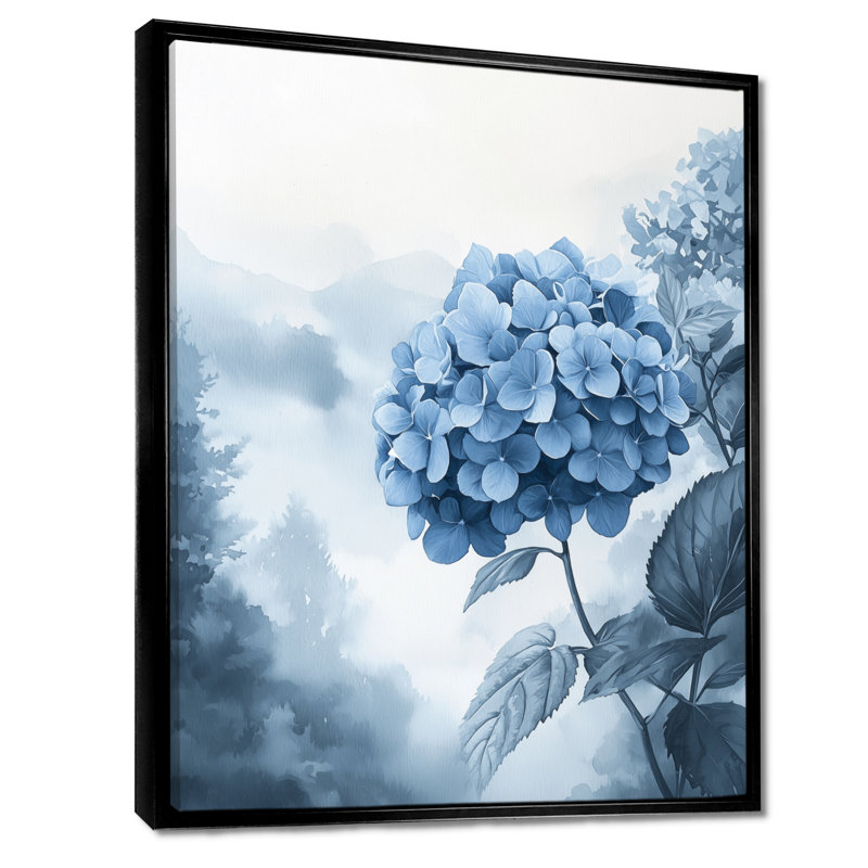 Hortensias dans un jardin brumeux I - Hortensia grand art mural, Noir, Reproduction avec cadre flottant, H 20 po x l 12 po
